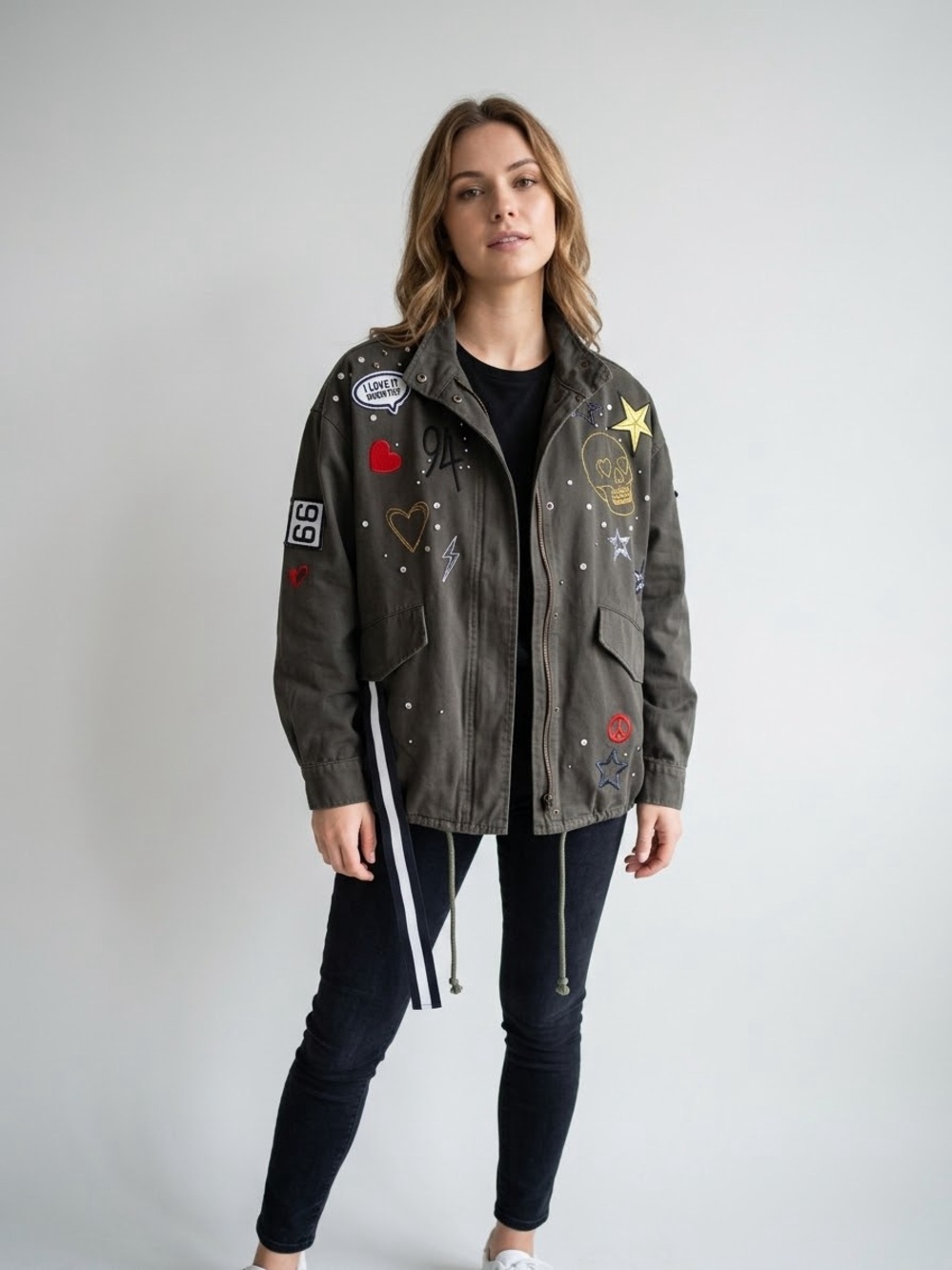 Scripted XS Olive Green Y2K Patchwork Utility Jacket – Edgy Streetwear Grunge